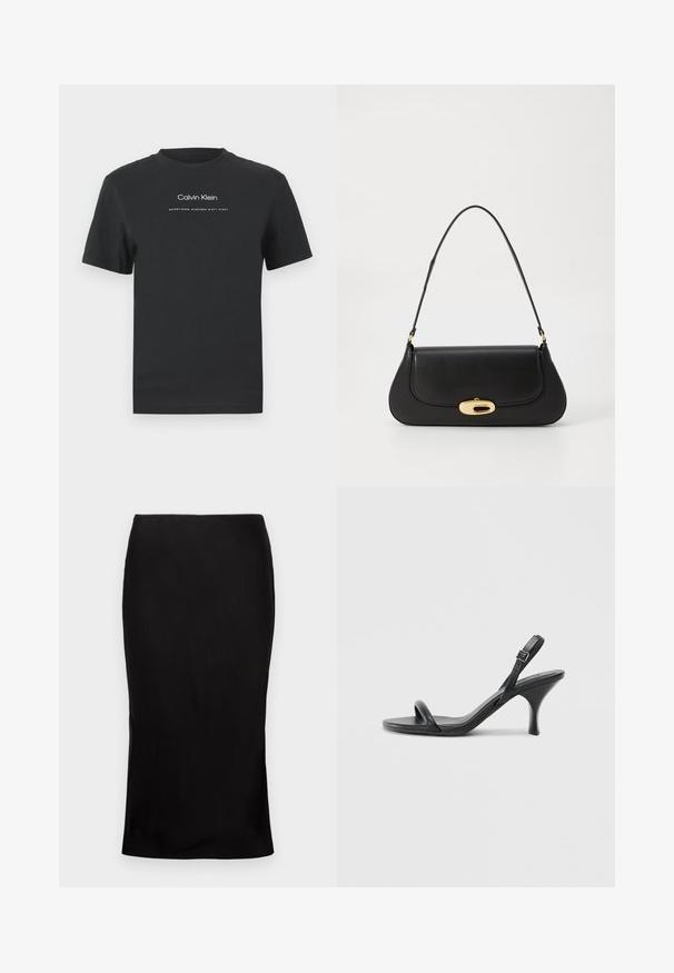 Black cotton T-shirt with a crew neckline, short sleeves, and white printed "Calvin Klein" logo and "Established 1968" text.; Black, fitted midi skirt with a smooth texture, side slit detail, and a classic waistband. Designed for an elegant silhouette.; Black leather high-heeled sandals with a slim, curved heel and a crossed strap design. Adjustable ankle strap. Smooth texture.; Black leather handbag with a curved design, gold-tone hardware, and a top handle. Features a sleek closure and smooth texture.