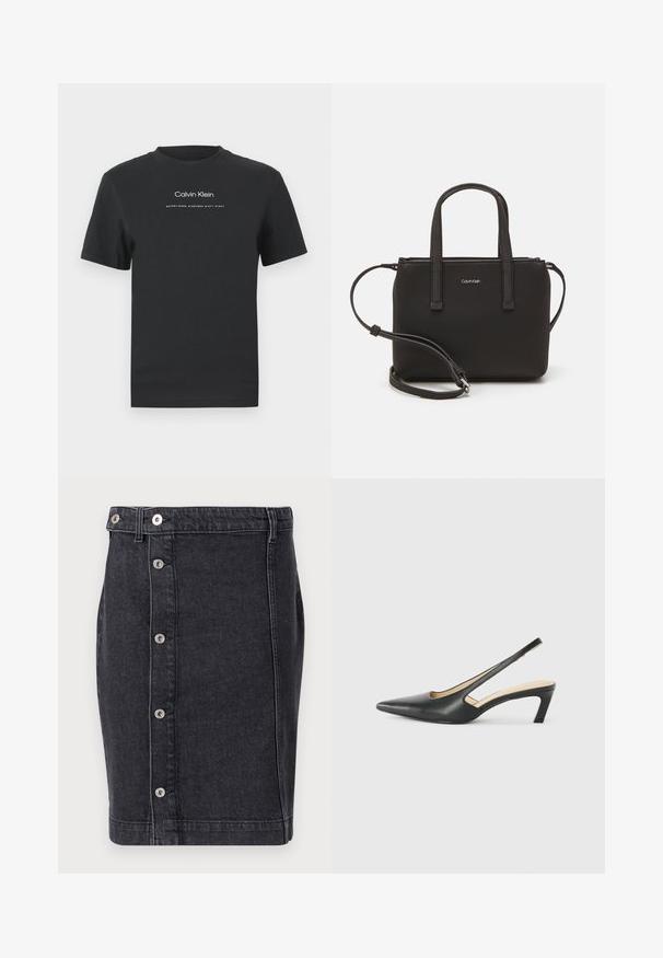 Melna kokvilnas T-kreklā ar apaļu apkakli, īsām piedurknēm un baltu uzdrukātu "Calvin Klein" logotipu un tekstu "Izveidots 1968".; Tumši džinsu svārki ar taisnu griezumu, sudraba spiedpogu rindas priekšpusē un smalkiem šuvju detaļām gar šuvēm.; Melna, ar smailu purngalu, slingback kurpe ar zemu papēdi, izgatavota no gludas ādas materiāla un ar izgriezumiem sānos gaisa caurlaidībai.; Melns roku soma ar divām īsām rokturiem un noņemamu plecu siksnu. Gluda ādas līdzīga materiāla ar rāvējslēdzēja aizdari un logos detaļu.