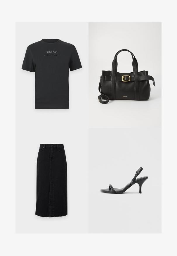 Zwarte katoen T-shirt met een ronde halslijn, korte mouwen en een witte geprinte "Calvin Klein" logo en "Established 1968" tekst.; Zwarte denim midi-jurk met een rechte snit, voorklep en rafelige zoom. Voorzien van een knoopsluiting en twee zijzakken.; Zwarte leren sandalen met hoge hakken, een slanke, gebogen hak en een gekruist bandontwerp. Verstelbare enkelband. Soepele textuur.; Zwarte leren handtas met een gestructureerd ontwerp, dubbele handgrepen aan de bovenkant, een gouden gespaccent en een geperst merklogo aan de voorkant.
