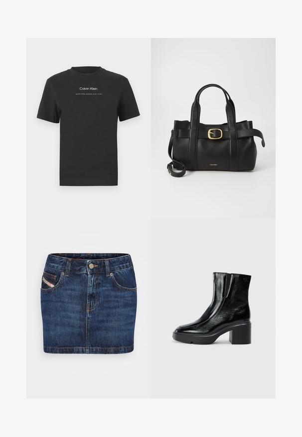 T-shirt en coton noir avec un col rond, des manches courtes, et un logo "Calvin Klein" imprimé en blanc ainsi que le texte "Established 1968".; Jupe en denim bleu foncé avec une coupe ajustée, cinq poches et des coutures orange. Inclut un système de fermeture à bouton métallique à la taille.; Bottines en cuir verni noir avec un bout arrondi, des panneaux latéraux en élastique et un talon épais. Comprend un logo embossé à l'arrière.; Sac à main en cuir noir présentant un design structuré, deux poignées supérieures, un accent de boucle en ton doré et un logo de la marque en relief à l'avant.