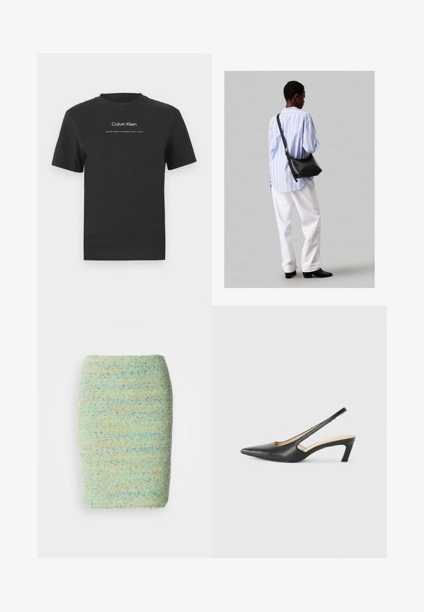 Must musta T-särk, millel on ümmargune kaelus, lühikesed varrukad ja valge trükitud "Calvin Klein" logo ning tekst "Asutatud 1968".; Knee-pikkusega seelik on valmistatud tekstureeritud, täppidega kangast, mis on pastelset roheline tooni ja millel on siniseid, oranže ja lillakaid toone.; Must mustaga, terav varvas, madala kontsaga sildiga king, mis on valmistatud siledast nahast ja mille küljel on lõike disain hingavuse tagamiseks.; Must have mustras alasi nahkpatsi, pehme tekstuuriga, kolmnurkse kujuga ja reguleeritava rihmaga, koos helesinise triibulise särgi ja valgete pükstega.