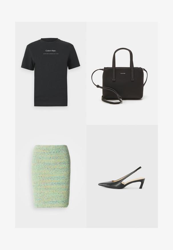 Zwarte katoen T-shirt met een ronde halslijn, korte mouwen en een witte geprinte "Calvin Klein" logo en "Established 1968" tekst.; Knirpels rok van getextureerde, gespikkelde stof in pastelgroen met hints van blauw, oranje en paars doorheen.; Zwarte puntige slingback schoen met een lage hak, gemaakt van soepel leer en voorzien van een uitsnede aan de zijkant voor ventilatie.; Zwarte handtas met dubbele korte handvatten en een afneembare schouderriem. Glad, leerachtig materiaal met een ritssluiting en logo-detail.