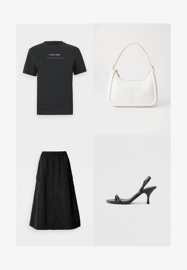 T-shirt de algodão preto com decote redondo, mangas curtas e logotipo "Calvin Klein" impresso em branco, acompanhado do texto "Established 1968".; Saia preta com um corte solto, feita de tecido suave. Apresenta uma cintura elástica e dois bolsos laterais estilo cargo. Design de comprimento médio.; Sandálias de salto alto em couro preto com um salto curvado e fino e um design de tiras cruzadas. Correia ajustável no tornozelo. Textura suave.; Mala de mão branca em pele com uma forma curva, apresentando um logo "CK" em relevo na frente e uma alça de ombro única. Fecho com zíper na parte superior.