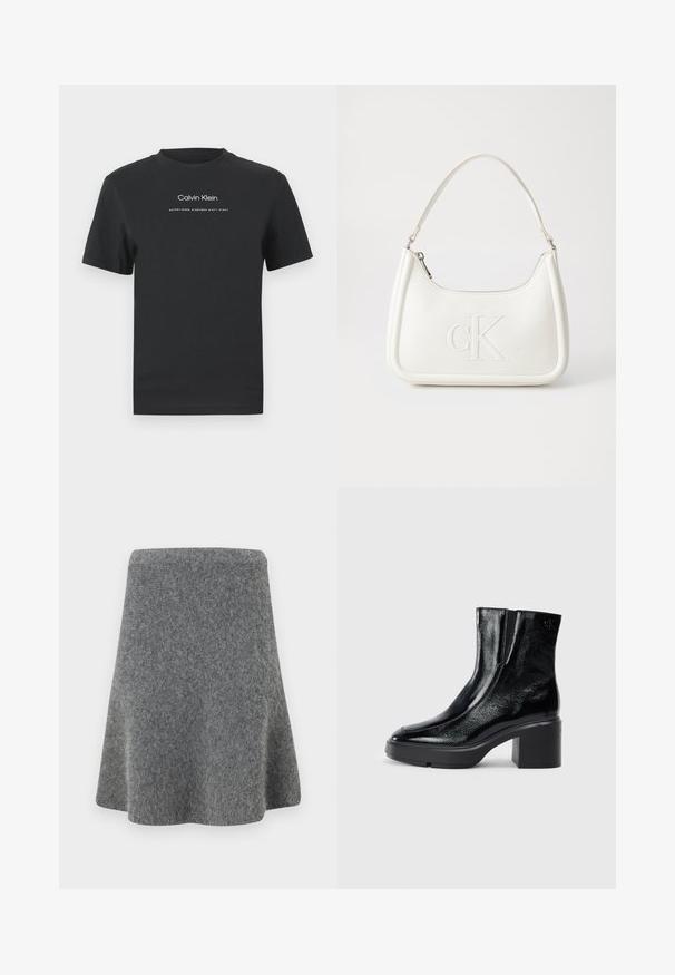 Tricou din bumbac negru cu guler rotund, mâneci scurte și logo-ul imprimat „Calvin Klein” în alb, împreună cu textul „Established 1968”.; Fustă gri în formă de A, realizată dintr-un material moale și texturat. Prezintă o talie ajustată și o margine evazată, oferind o siluetă netedă.; Bocanci de gleznă din piele lacuită neagră, cu vârf curbat, panouri elastice pe laterale și toc bloc masiv. Prezintă un logo embosat pe spate.; Geantă de umăr din piele albă cu formă curbată, având un logo "CK" embosat pe partea din față și un singur braț de umăr. Închidere cu fermoar în partea de sus.