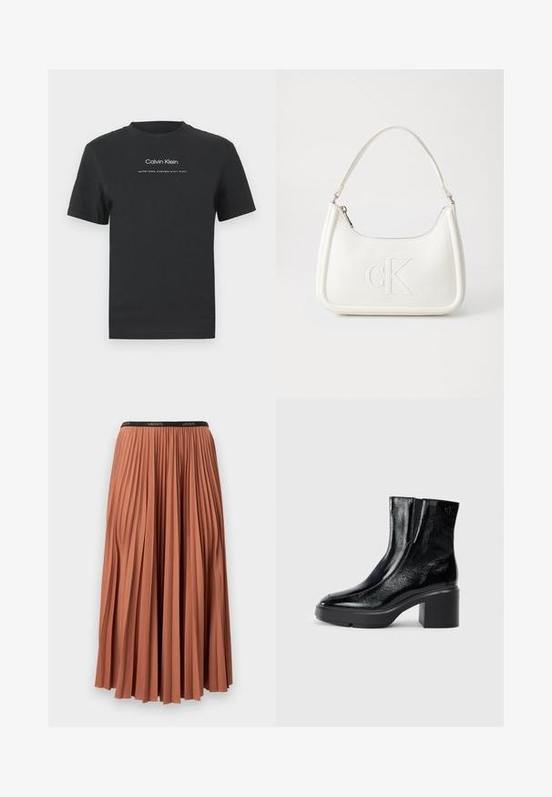 Sort bomulds T-shirt med rund halsudskæring, korte ærmer og hvidt trykt "Calvin Klein" logo samt teksten "Established 1968".; Plisseret nederdel i terracottafarve med en sort talje, der har lodrette folder og en glat tekstur. Længden når midt på læggen.; Sorte patenterede læderankelstøvler med en buet tå, elastiske sidepaneler og en kraftig blokhæl. Har et præget logo på bagsiden.; Hvid lædertaske med en buet form, der har et præget "CK"-logo på fronten og en enkelt skulderrem. Lynlåslukning i toppen.
