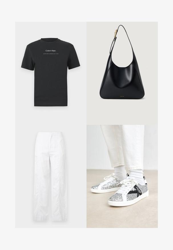 Must musta T-särk, millel on ümmargune kaelus, lühikesed varrukad ja valge trükitud "Calvin Klein" logo ning tekst "Asutatud 1968".; Valged laiad püksid, mis on valmistatud kergetest materjalidest, omades siledat tekstuuri, puhtaid jooni ja kõrget vöökohta.; Sädelevad hõbedased tossud, millel on valge ja must disain. Omavad valgeid paelu ja aktsente, ning tekstuurset, sädelevat ülemist pinda.; Must mustriba mustkott, millel on sile tekstuur, kõver siluett ja kuldne riistvara aksent. Omab reljeefset brändilogo alusel.