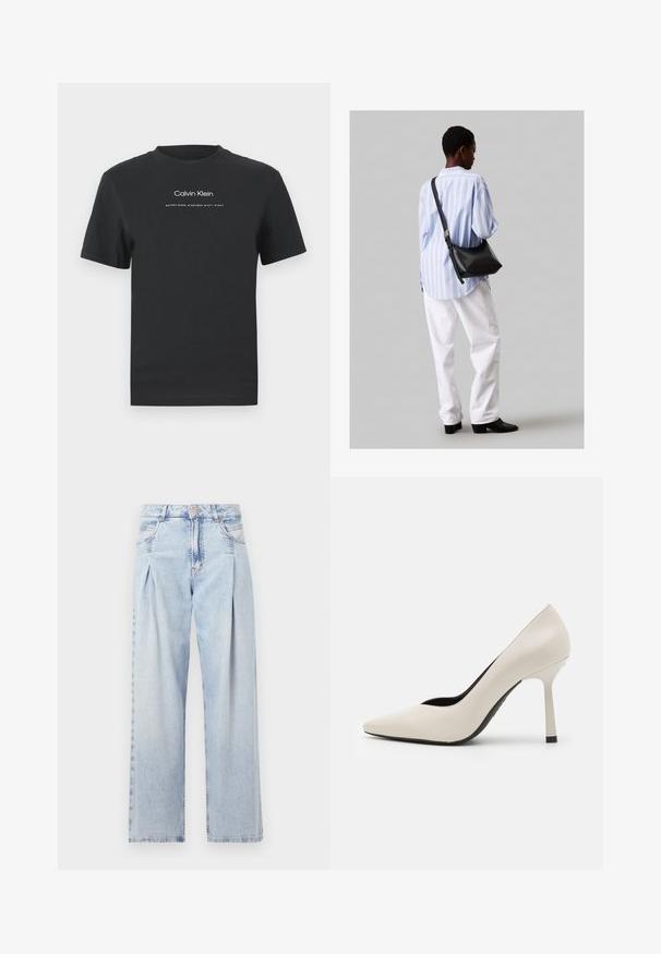 Čierne bavlnené tričko s okrúhlym výstrihom, kratkými rukávmi a bielou potlačou loga "Calvin Klein" a textu "Established 1968".; Svetlomodré džínsy s vysokým pásom, širším strihom po celej dĺžke, dvoma bočnými vreckami a skladaným dizajnom. Mäkka textúra s vyblednutým vzhľadom.; HUGO KATNISS - Obuv na vysokom opätku - natural; Čierna kožená ramenná taška so mäkkou textúrou, trojuholníkovým tvarom a nastaviteľným popruhom, skombinovaná s svetlomodrou pruhovanou košeľou a bielymi nohavicami.
