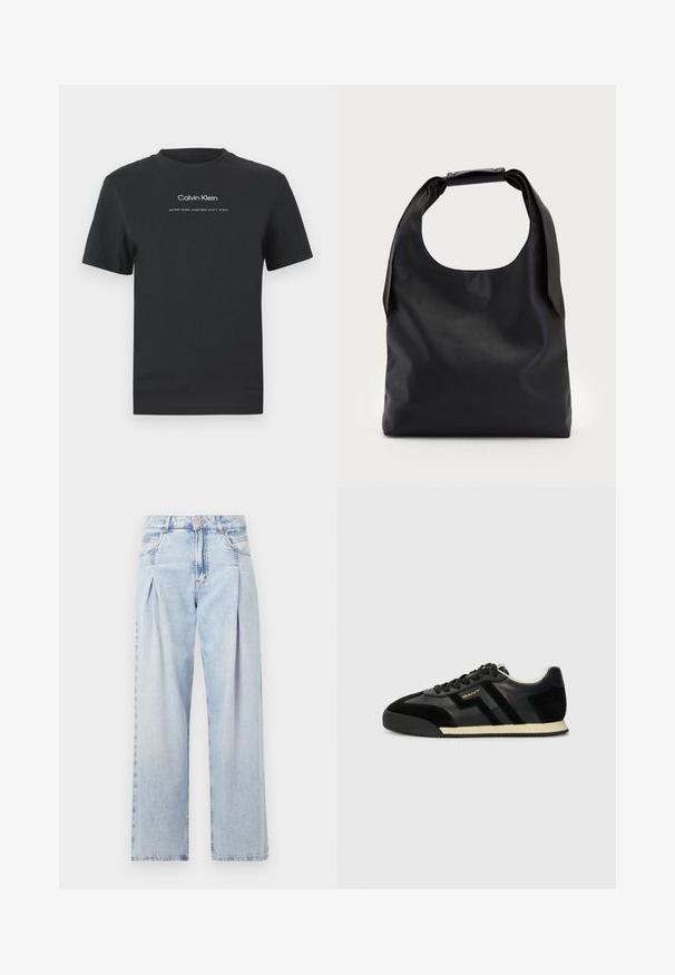 Czarny bawełniany T-shirt z okrągłym dekoltem, krótkimi rękawami i białym nadrukiem logo "Calvin Klein" oraz tekstem "Established 1968".; Jasnoniebieskie dżinsy z wysokim stanem, szerokimi nogawkami, dwoma bocznymi kieszeniami oraz plisowanym wzorem. Miękka tekstura z wyblakłym wykończeniem.; GANT BEYLANA czarny; Czarna skórzana torba hobo z pojedynczym, miękkim, zaokrąglonym uchwytem; charakteryzuje się gładką teksturą i minimalistycznym designem. Brak widocznych elementów metalowych lub akcentów.