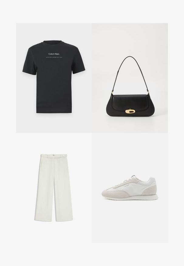 Musta puuvillainen T-paita, jossa on pyöreä pääntie, lyhyet hihat ja valkoinen painettu "Calvin Klein" -logo sekä "Established 1968" -teksti.; Housut leveillä lahkeilla vaalean kermaisessa kankaassa, jossa on sivutaskut, litteä etuosa ja yksi nappikiinnitys vyötäröllä. Silkkinen pinta.; Vaaleat lenkkitossut, joissa on yhdistelmä valkoista nahkaa ja beigeä mokkaa, teksturoidulla pohjalla ja vähäisellä brändäyksellä sivussa.; Musta nahkainen käsilaukku, jossa on kaareva muotoilu, kultasävyiset yksityiskohdat ja yläkahva. Sisältää tyylikkään sulkijan ja sileän pinnan.