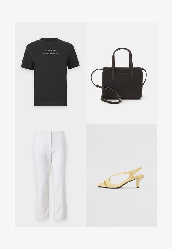 Črna bombažna majica s krožnim izrezom, kratkimi rokavi in belim potiskanjem logotipa "Calvin Klein" ter besedilom "Ustanovljen 1968".; Beli bombažne hlače s ravnim krojem, srednje visoko pasom, brez vidnih kovinskih elementov ali vzorcev. Gladka textura po vsej površini.; Rumene usnjene sandale na peto s kvadratnim odprtim prstom, tankimi trakovi in koničasto peto. Gladka tekstura in minimalističen dizajn.; Črna torbica z dvema kratkima ročajema in odstranljivim naramnim trakom. Gladek usnju podoben material z zadrgo in podrobnostmi z logotipom.