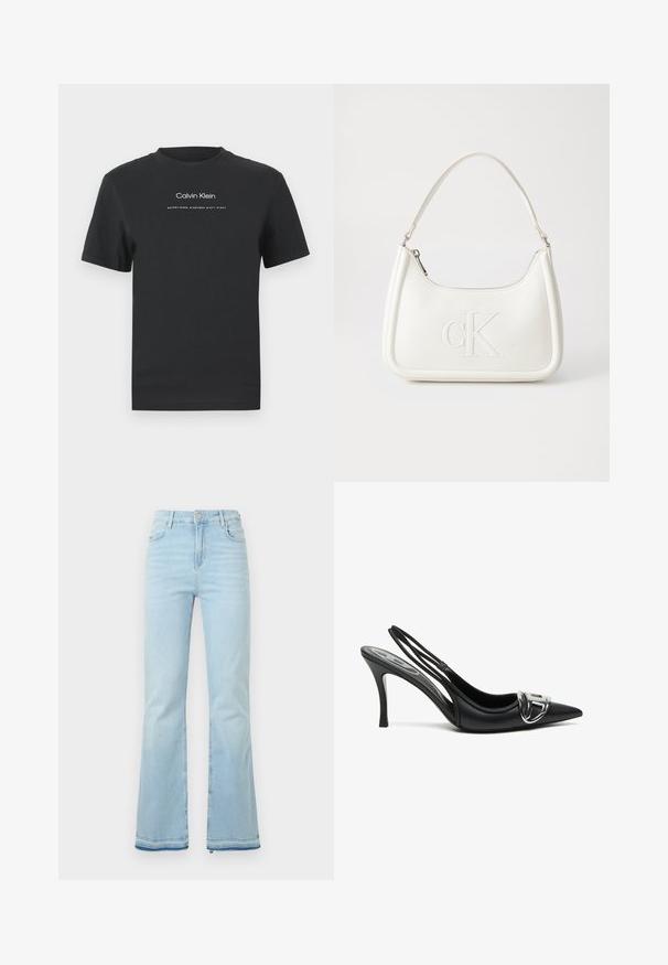 Fekete pamut póló kerek nyakkivágással, rövid ujjakkal, fehér nyomott "Calvin Klein" logóval és "Established 1968" felirattal.; Világoskék, trapéz fazonú farmernadrág, magas derékkal, elülső zsebekkel és nyers szegéllyel a szárakon, amely laza megjelenést kölcsönöz.; Fekete slingback magassarkú cipők hegyes orral, fényes ezüst csatdíszítéssel és karcsú sarkal. Simas bőr textúra, minimalista dizájn.; Fehér bőrtáska ívelt formájú, elöl feltűnő "CK" logóval, egyetlen vállpánttal. Cipzáras zárás a tetején.