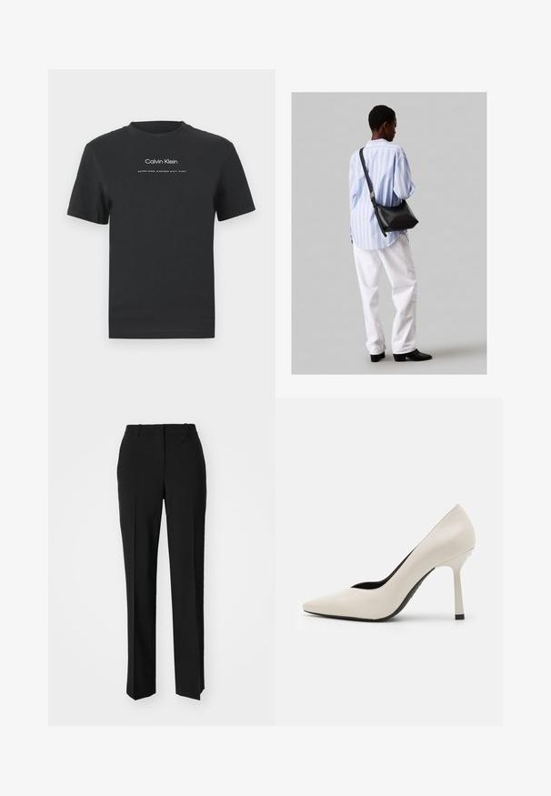 Černé bavlněné tričko s kulatým výstřihem, krátkými rukávy a bílým potiskem loga "Calvin Klein" a textem "Established 1968".; Černé kalhoty na míru se střihem do rovna, které mají hladkou texturu a ostré sklady na přední straně. Bez viditelného kování.; HUGO KATNISS - Lodičky na vysokém podpatku - natural; Černá kožená kabelka přes rameno s jemnou texturou, trojúhelníkovým tvarem a nastavitelným popruhem, v kombinaci se světle modrou pruhovanou košilí a bílými kalhotami.; Černá kožená kabelka přes rameno s jemnou texturou, trojúhelníkovým tvarem a nastavitelným popruhem, v kombinaci se světle modrou pruhovanou košilí a bílými kalhotami.