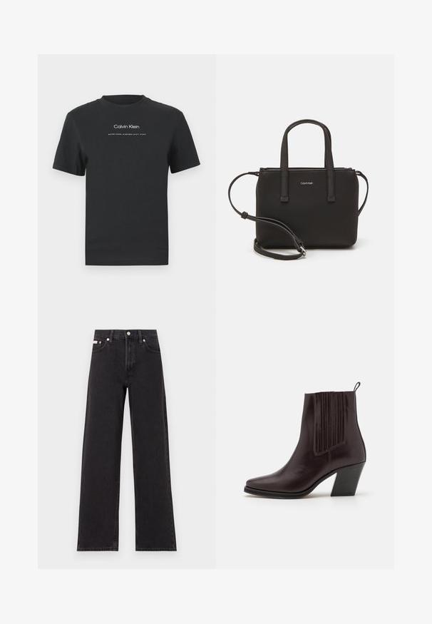 Juodas medvilninis marškinėliai su apvaliu kaklu, trumpomis rankovėmis ir baltu spausdintu "Calvin Klein" logotipu bei tekstu "Įkurtas 1968".; Juodos plačios kojų džinsai, pagaminti iš džinsinio audinio, su aukštu liemeniu, penkių kišenių stiliumi ir metaline sagte su kontrastingo siuvimo detalėmis.; Tamsiai rudos odos kulkšninių batų su smailiu nosiu, vertikaliai raukšlėtu detalėmis šone ir vidutinio aukščio blokiniu kulnu.; Juoda rankinė su dviem trumpais rankenėlėmis ir nuimamu petį. Lygaus odos tipo medžiaga su užtrauktuku ir logotipo detale.