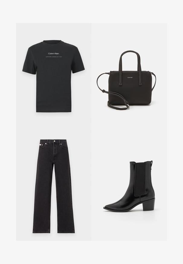 Čierne bavlnené tričko s okrúhlym výstrihom, kratkými rukávmi a bielou potlačou loga "Calvin Klein" a textu "Established 1968".; Čierne široké džínsy vyrobené z denimu, s vysokým pásom, piatimi vreckami a kovovým zapínaním s kontrastným šitím.; Calvin Klein HEEL - Kovbojská/motorkárska členková čižma - black; Čierna kabelka s dvojitými krátkymi rúčkami a odnímateľným ramenným popruhom. Hladký materiál podobný koži s uzatváraním na zips a detailom loga.