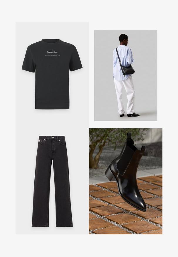 Must musta T-särk, millel on ümmargune kaelus, lühikesed varrukad ja valge trükitud "Calvin Klein" logo ning tekst "Asutatud 1968".; Mustad laiad mustad teksad, millel on kõrge vöökoht, viie tasku stiil ja metallist nööpkinnitus kontrastsete õmblustega.; Mustaläikivast päkaga Chelsea saabas, millel on terav varvas, elastsed külg- ja chunky kand, asetatud kivist ja puidust mustriga pinnale.; Must have mustras alasi nahkpatsi, pehme tekstuuriga, kolmnurkse kujuga ja reguleeritava rihmaga, koos helesinise triibulise särgi ja valgete pükstega.