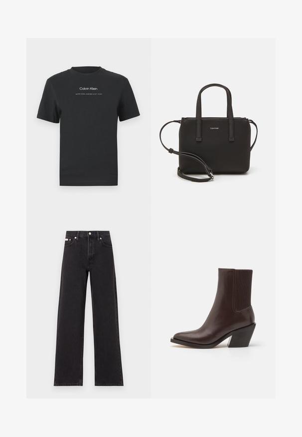 Juodas medvilninis marškinėliai su apvaliu kaklu, trumpomis rankovėmis ir baltu spausdintu "Calvin Klein" logotipu bei tekstu "Įkurtas 1968".; Juodos plačios kojų džinsai, pagaminti iš džinsinio audinio, su aukštu liemeniu, penkių kišenių stiliumi ir metaline sagte su kontrastingo siuvimo detalėmis.; COACH PRESTYN BOOTIE - Kaubojiški / motociklininko stiliaus aulinukai - maple; Juoda rankinė su dviem trumpais rankenėlėmis ir nuimamu petį. Lygaus odos tipo medžiaga su užtrauktuku ir logotipo detale.