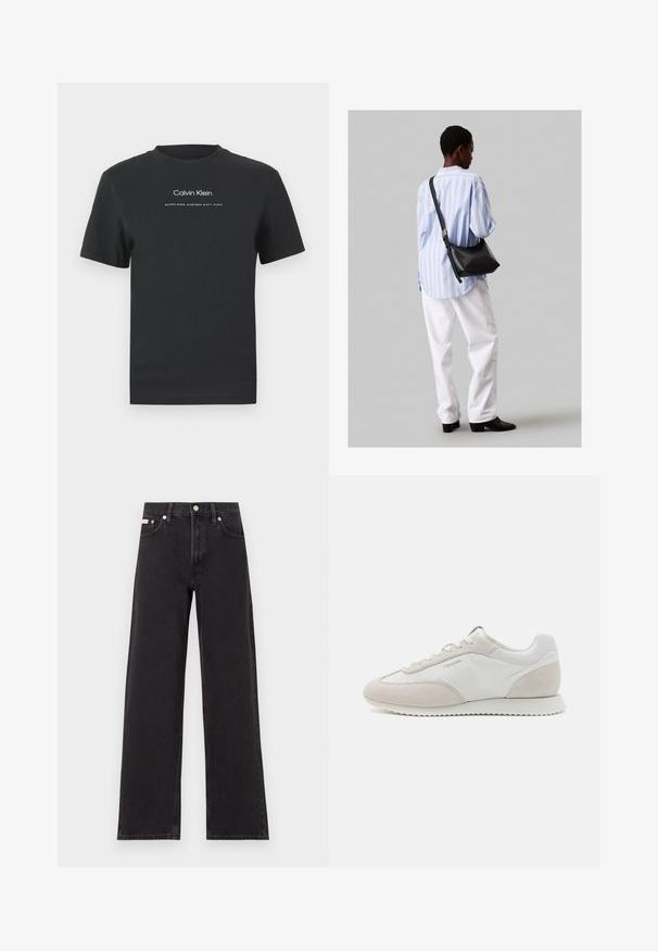 Čierne bavlnené tričko s okrúhlym výstrihom, kratkými rukávmi a bielou potlačou loga "Calvin Klein" a textu "Established 1968".; Čierne široké džínsy vyrobené z denimu, s vysokým pásom, piatimi vreckami a kovovým zapínaním s kontrastným šitím.; Svetlé tenisky s kombináciou bielej kože a béžovej semišovej látky, s textúrovanou podrážkou a minimálnym brandingom na strane.; Čierna kožená ramenná taška so mäkkou textúrou, trojuholníkovým tvarom a nastaviteľným popruhom, skombinovaná s svetlomodrou pruhovanou košeľou a bielymi nohavicami.