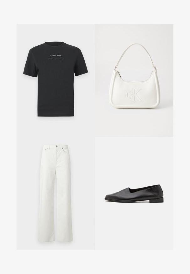 Must musta T-särk, millel on ümmargune kaelus, lühikesed varrukad ja valge trükitud "Calvin Klein" logo ning tekst "Asutatud 1968".; Samsøe Samsøe SHELLY - Avar lõikega teksad - clear cream; Mustmustest musta nahk king, millel on sile tekstuur. Omab madalat, ristkülikukujulist kontsa ja ümarat varbaosa. Lihtne disain minimaalse aksessuaaride kasutamisega.; Valge nahast käekott, millel on kumer kuju, esiküljel on reljeefne "CK" logo ja üks õlavarre rihm. Ülemine tõmblukkuu.