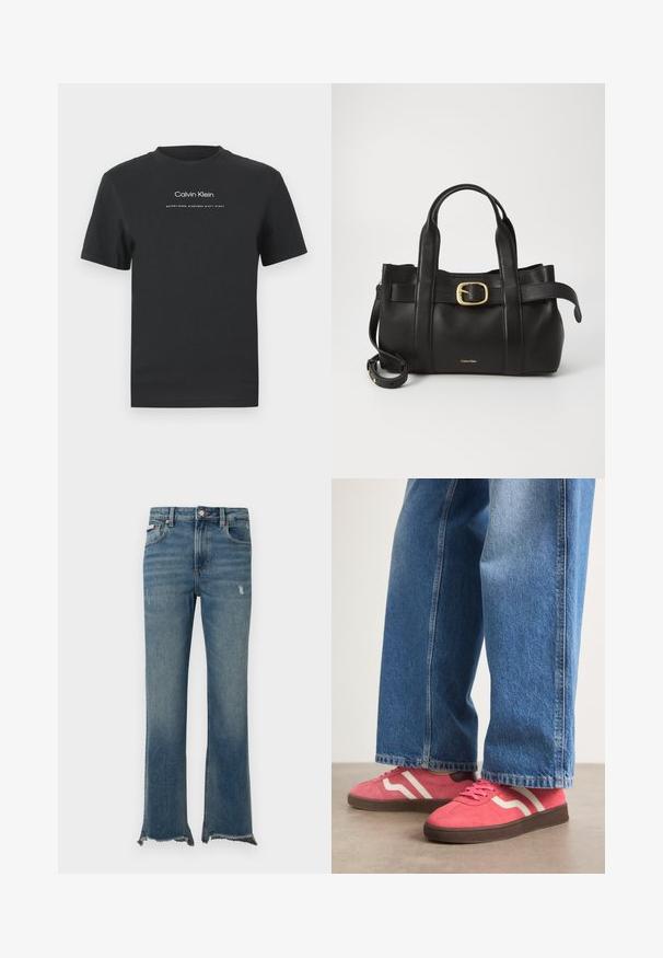 Black cotton T-shirt with a crew neckline, short sleeves, and white printed "Calvin Klein" logo and "Established 1968" text.; Blue denim jeans with slight distressing, raw frayed hems, front pockets, belt loops, and a button closure.; Pink suede sneakers with white wavy stripes and brown rubber soles, paired with light blue wide-leg denim jeans.; Black leather handbag featuring a structured design, dual top handles, gold-tone buckle accent, and embossed brand logo at the front.