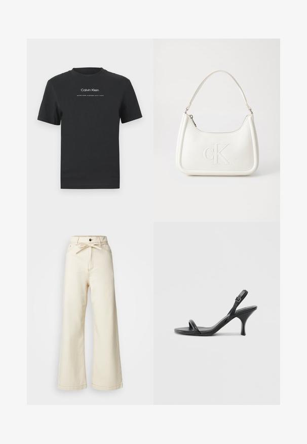 T-shirt en coton noir avec un col rond, des manches courtes, et un logo "Calvin Klein" imprimé en blanc ainsi que le texte "Established 1968".; Pantalons larges en denim crème, avec une taille haute, un détail de nœud à l'avant et une couture contrastante.; Sandales à talons hauts en cuir noir avec un talon fin et courbé et un design de brides croisées. Bride de cheville réglable. Texture lisse.; Sac à main en cuir blanc avec une forme courbée, arborant un logo "CK" embossé à l'avant et une seule bandoulière. Fermeture à glissière en haut.