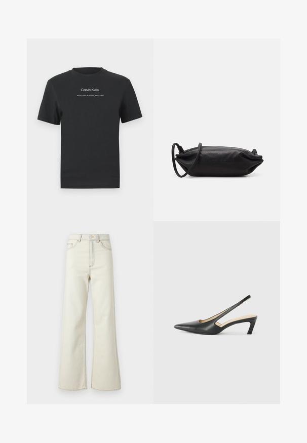 Must musta T-särk, millel on ümmargune kaelus, lühikesed varrukad ja valge trükitud "Calvin Klein" logo ning tekst "Asutatud 1968".; Kõrge vöökohaga beežid denim püksid laia säärega, millel on heledad õmblused ja esi tõmblukk. Taskud pole nähtavad.; Must mustaga, terav varvas, madala kontsaga sildiga king, mis on valmistatud siledast nahast ja mille küljel on lõike disain hingavuse tagamiseks.; Musthave musta nahkklamber, millel on ristkülikukujuline kuju, sile tekstuur, õhuke õlavarre rihm ja minimalistlik disain.