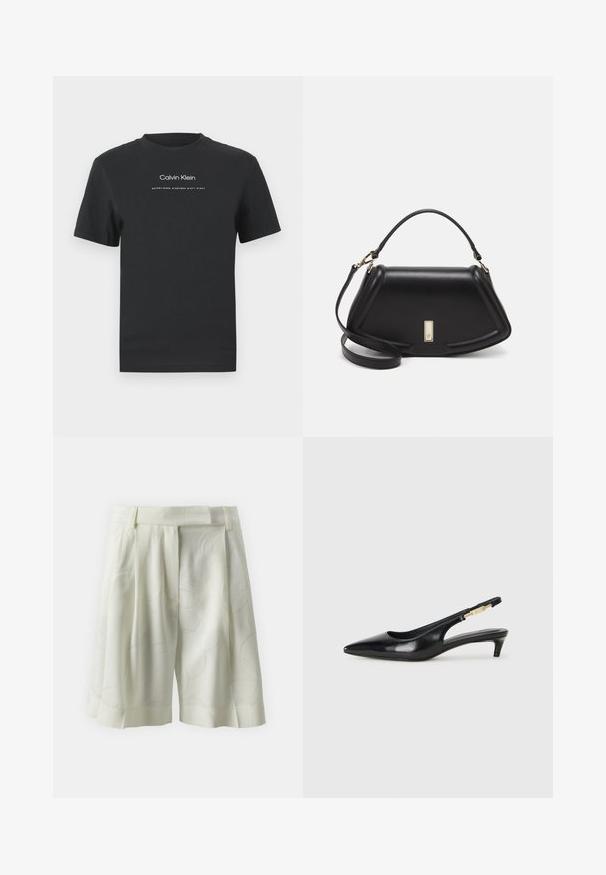 Must musta T-särk, millel on ümmargune kaelus, lühikesed varrukad ja valge trükitud "Calvin Klein" logo ning tekst "Asutatud 1968".; Kortsärgid heledast elevandiluust kangast, millel on peen abstraktne muster. Omavad lamedat vöökohta ja lõdva istuvust, ideaalne sooja ilma jaoks.; Mustad nahast slingback kontsad terava ninaga, millel on õhuke konts ja kuldse tooni aktsent reguleeritaval rihmal. Sile tekstuur.; Must mustrist käekott, millel on struktureeritud disain, lühendatud kuju, ülemine käepide ja kuldne metallist detail. Reguleeritav õlalihm on kaasas.
