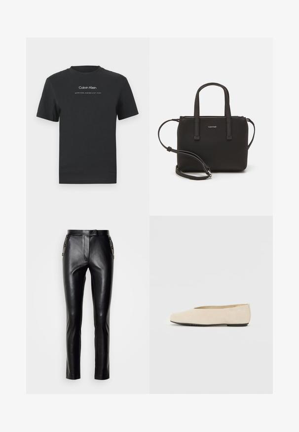 Crna pamučna majica s okruglim izrezom, kratkim rukavima i bijelim otisnutim logotipom "Calvin Klein" te tekstom "Osnovano 1968."; Crne kožne hlače uskog kroja, s prednjim patentnim zatvaračem, kopčanjem na dugme i dugmetima kao ukrasima s bočnih strana. Glatka tekstura.; Bež suédne balerinke s okruglim vrhom, ravnim potplatom i minimalnim dizajnom. Glatka tekstura bez vidljivih hardverskih elemenata ili ukrasa.; Crna torba s dva kratka ručka i uklonjivom naramenicom. Glatki materijal nalik koži s zatvaračem na zatvaranje i detaljem s logom.
