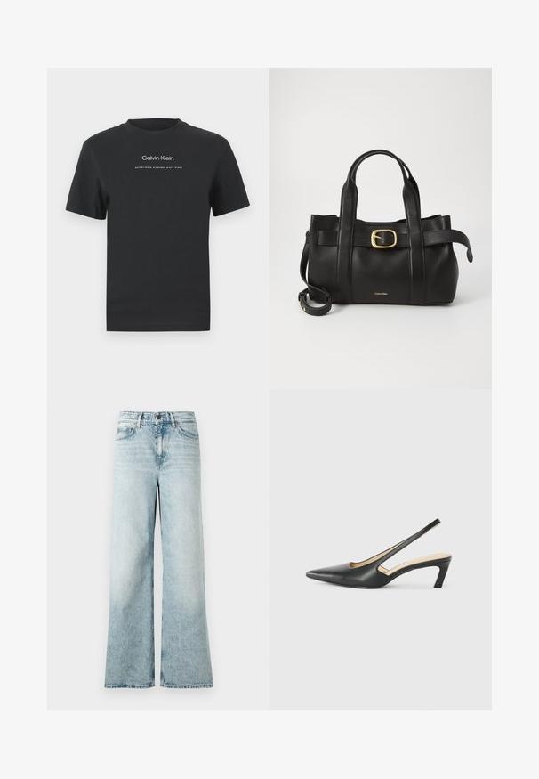 Črna bombažna majica s krožnim izrezom, kratkimi rokavi in belim potiskanjem logotipa "Calvin Klein" ter besedilom "Ustanovljen 1968".; Svijetloplave široke traperice izrađene od denima, sa visokim strukom, skraćenim rubom i mekim teksturom s izblijedjelim detaljima.; Črne čevlje s koničastimi nosovi in slingback obliko z nizko peto, izdelane iz gladke usnjene materiale ter s črtasto zasnovo na strani za prezračevanje.; Črna usnjena torba s strukturirano zasnovo, dvojni zgornji ročaji, zlato-tonirni zaponka kot dodatek in vtisnjeni logotip blagovne znamke spredaj.