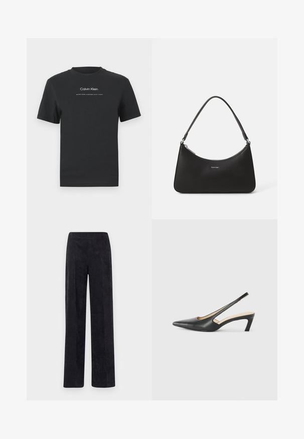 Musta puuvillainen T-paita, jossa on pyöreä pääntie, lyhyet hihat ja valkoinen painettu "Calvin Klein" -logo sekä "Established 1968" -teksti.; Tummanharmaat corduroy-housut, joissa on suora lahje, tekstuuripinta ribbettyä kangasta ja mukava, joustava vyötärö.; Musta, kärjeltään terävä slingback-kengä, jossa on matala korko. Kengässä on sileä nahkamateriaali ja sivuilla leikkaukset hengittävyyttä varten.; Musta nahkainen käsilaukku, jossa on kaareva muoto, ohut kahva, hopeinen vetoketju ja Calvin Kleinin logo edessä. Sileä pinta ja minimalistinen muotoilu.; Hopepronssi metalliset korvakorut, joissa on sileä, kiiltävä pinta ja rakenteellinen, pyöristetty muotoilu. Varustettu käänteellisellä lukolla turvallista käyttöä varten.