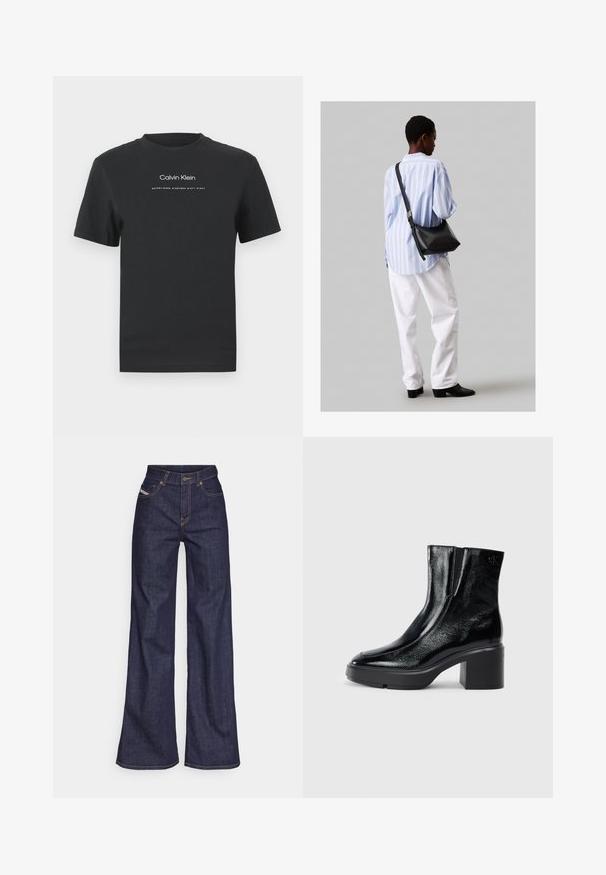 Μαύρη βαμβακερή μπλούζα T-shirt με στρογγυλή λαιμόκοψη, κοντά μανίκια και λευκό εκτυπωμένο λογότυπο "Calvin Klein" καθώς και κείμενο "Established 1968".; Σκούρο μπλε παντελόνι τύπου wide-leg από τζιν ύφασμα με ψηλή μέση, διακοσμημένο με πορτοκαλί ραφές, πέντε τσέπες και κουμπωτή κλείσιμο.; Μαύρες πατενταρισμένες δερμάτινες μπότες στον αστράγαλο με καμπυλωτή μύτη, ελαστικές πλαϊνές πινακίδες και χοντρό μπλοκ τακούνι. Διαθέτουν ανάγλυφο λογότυπο στο πίσω μέρος.; Μαύρη δερμάτινη τσάντα ώμου με απαλή υφή, τριγωνικό σχήμα και ρυθμιζόμενο λουρί, συνδυασμένη με ένα ανοιχτό μπλε ριγέ πουκάμισο και λευκό παντελόνι.