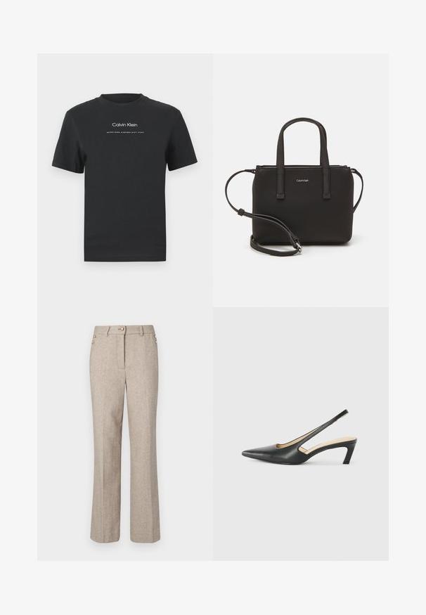 Must musta T-särk, millel on ümmargune kaelus, lühikesed varrukad ja valge trükitud "Calvin Klein" logo ning tekst "Asutatud 1968".; Beezhides herringbone püksid sirge säärega, millel on kaks kuldnuppu vööl ja sile, tekstuuriga kangas.; Must mustaga, terav varvas, madala kontsaga sildiga king, mis on valmistatud siledast nahast ja mille küljel on lõike disain hingavuse tagamiseks.; Musthave mustrans vöö ja eemaldatav õlarihm. Gludike nahk siledaga, millel on tõmblukk ja logo detail.