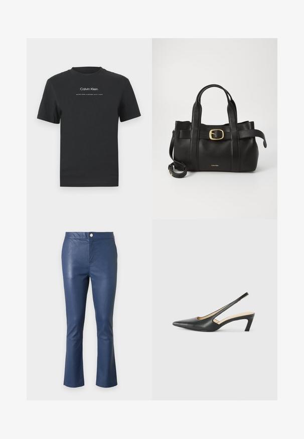Juodas medvilninis marškinėliai su apvaliu kaklu, trumpomis rankovėmis ir baltu spausdintu "Calvin Klein" logotipu bei tekstu "Įkurtas 1968".; Tamsiai mėlynos odinės kelnės su lieknu siluetu, platėjančiomis apačiomis, priekyje užsegamos mygtuku ir lygia tekstūra. Matomos siūlės palei siūles.; Juodas smailus slingback batelis su žemu kulnu, pagamintas iš lygaus odos paviršiaus ir su išpjovomis šone, užtikrinančiomis oro pralaidumą.; Juodas odinis rankinės maišas su struktūrizuotu dizainu, dviem viršutinėmis rankenomis, auksinės spalvos sagtimi ir iškilniu prekės ženklu priekyje.