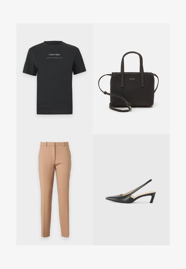Zwarte katoen T-shirt met een ronde halslijn, korte mouwen en een witte geprinte "Calvin Klein" logo en "Established 1968" tekst.; Tan pantalon op maat gemaakt van een gladde stof. Heeft een platte voorkant, rechte benen en zijzakken voor extra detail.; Zwarte puntige slingback schoen met een lage hak, gemaakt van soepel leer en voorzien van een uitsnede aan de zijkant voor ventilatie.; Zwarte handtas met dubbele korte handvatten en een afneembare schouderriem. Glad, leerachtig materiaal met een ritssluiting en logo-detail.