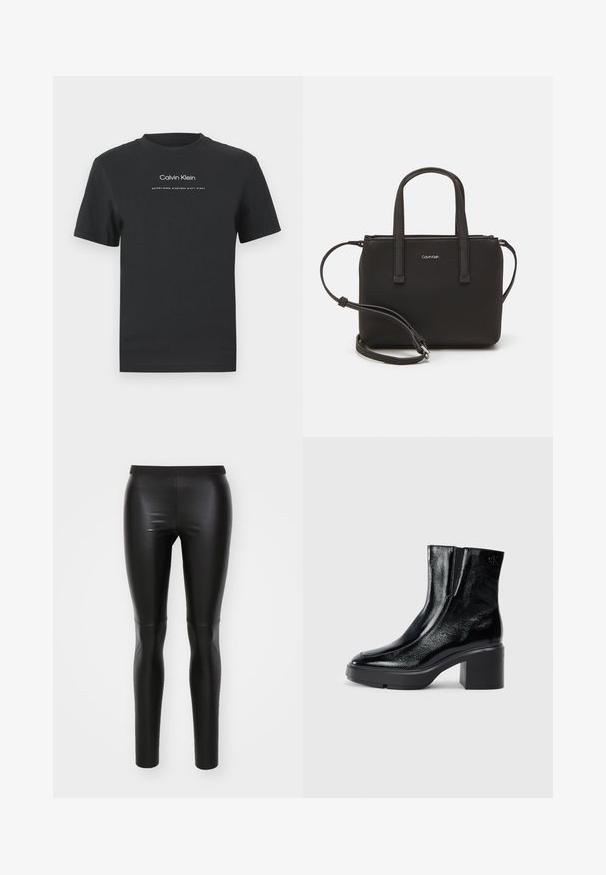 Black cotton T-shirt with a crew neckline, short sleeves, and white printed "Calvin Klein" logo and "Established 1968" text.; Black leggings made of smooth, stretchy material with a high waistband. Fitted design, seamless construction, and no visible pockets.; Black patent leather ankle boots with a curved toe, elastic side panels, and a chunky block heel. Features embossed logo on the back.; Black handbag with dual short handles and a removable shoulder strap. Smooth leather-like material with a zip closure and logo detail.