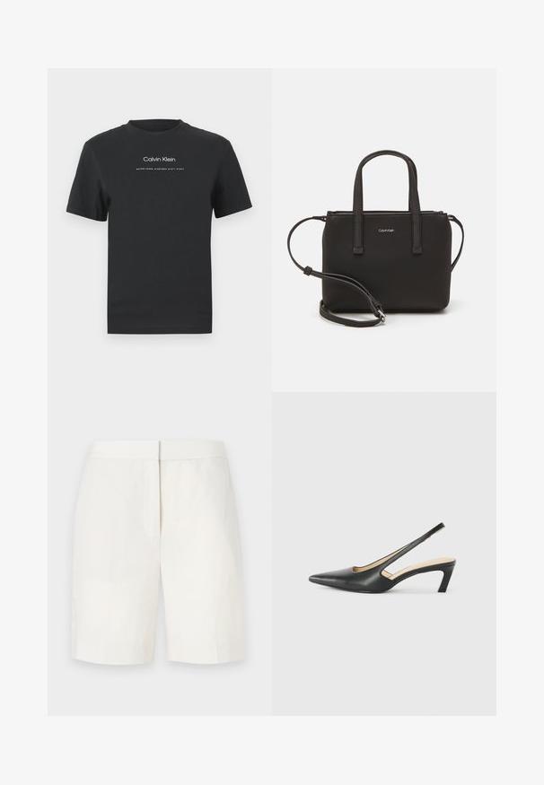 Camiseta de algodón negra con cuello redondo, mangas cortas y logo impreso en blanco de "Calvin Klein" junto con el texto "Establecido en 1968".; Pantalones cortos de algodón blancos con un corte recto, frente plano y una textura sutil. Presentan una cintura y sin bolsillos visibles. Diseño simple.; Zapato negro de punta afilada tipo slingback con un tacón bajo, que presenta un material de cuero suave y un diseño recortado en el lateral para mayor transpirabilidad.; Bolso de mano negro con dos asas cortas y una correa de hombro removible. Material suave tipo cuero con cierre de cremallera y detalle del logo.