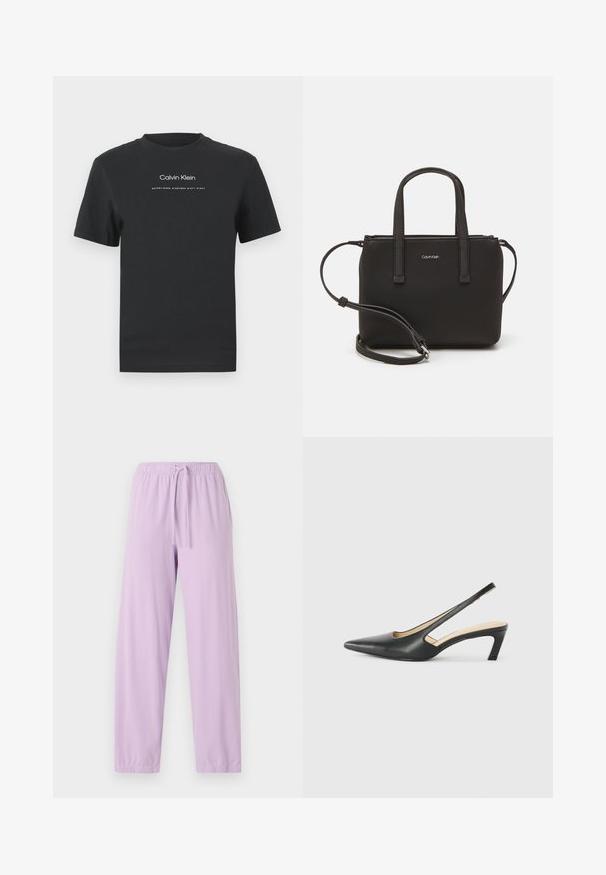 Schwarzes Baumwoll-T-Shirt mit Rundhalsausschnitt, kurzen Ärmeln und weißem Druck des "Calvin Klein" Logos sowie dem Text "Established 1968".; Helle lila Jogginghose aus weichem Stoff mit elastischem Bund und verstellbarem Kordelzug; taillierter Schnitt.; Schwarzer spitz zulaufender Slingback-Schuh mit niedrigem Absatz, der aus glattem Leder gefertigt ist und seitliche Ausschnitte für Atmungsaktivität aufweist.; Schwarze Handtasche mit zwei kurzen, doppelt geflochtenen Griffen und einem abnehmbaren Schulterriemen. Glattes, lederähnliches Material mit einem Reißverschluss und Logodetail.