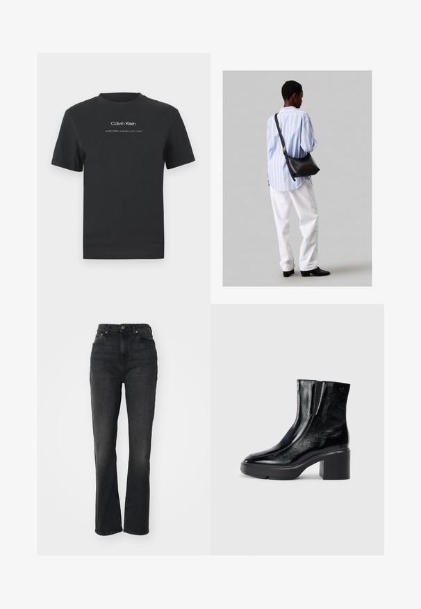 Μαύρη βαμβακερή μπλούζα T-shirt με στρογγυλή λαιμόκοψη, κοντά μανίκια και λευκό εκτυπωμένο λογότυπο "Calvin Klein" καθώς και κείμενο "Established 1968".; Μαύρα τζιν με ψηλή μέση, ίσια πόδια, σχέδιο πέντε τσεπών, κλείσιμο μπροστά με κουμπί και ελάχιστες λεπτομέρειες ραφής.; Μαύρες πατενταρισμένες δερμάτινες μπότες στον αστράγαλο με καμπυλωτή μύτη, ελαστικές πλαϊνές πινακίδες και χοντρό μπλοκ τακούνι. Διαθέτουν ανάγλυφο λογότυπο στο πίσω μέρος.; Μαύρη δερμάτινη τσάντα ώμου με απαλή υφή, τριγωνικό σχήμα και ρυθμιζόμενο λουρί, συνδυασμένη με ένα ανοιχτό μπλε ριγέ πουκάμισο και λευκό παντελόνι.