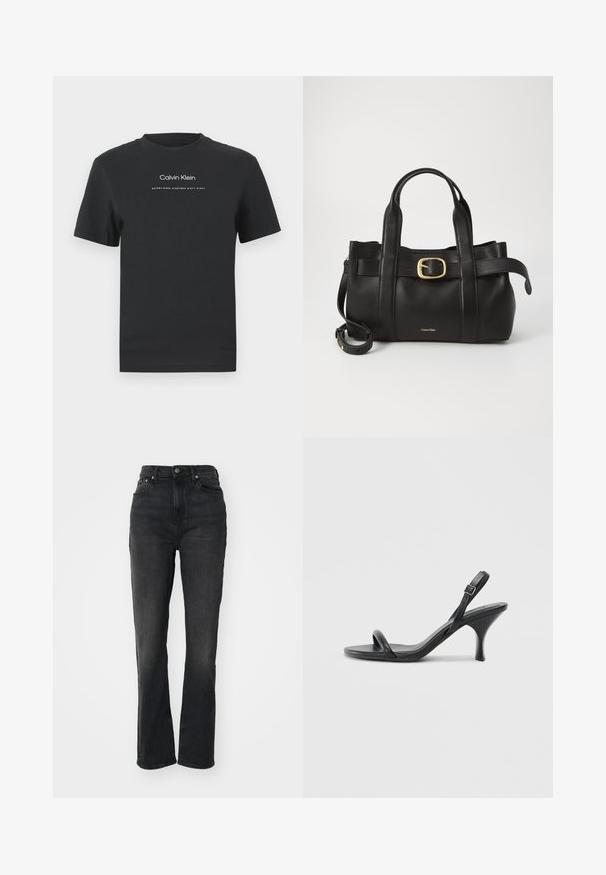 Must musta T-särk, millel on ümmargune kaelus, lühikesed varrukad ja valge trükitud "Calvin Klein" logo ning tekst "Asutatud 1968".; Kõrge vöökohaga mustad denimid, sirgete jalgadega, viie tasku disainiga, ees nupu kinnitusega ja minimaalsete õmbluste detailidega.; Mustad nahast kõrgete kontsadega sandaalid, millel on saledad, kõverad kontsad ja ristatud rihma disain. Reguleeritav pahkluu rihm. Sile tekstuur.; Must mustraga nahkakott, millel on struktureeritud disain, kaks ülemist kanda, kuldse tooni pandla aktsent ja esiküljel embosseeritud brändi logo.