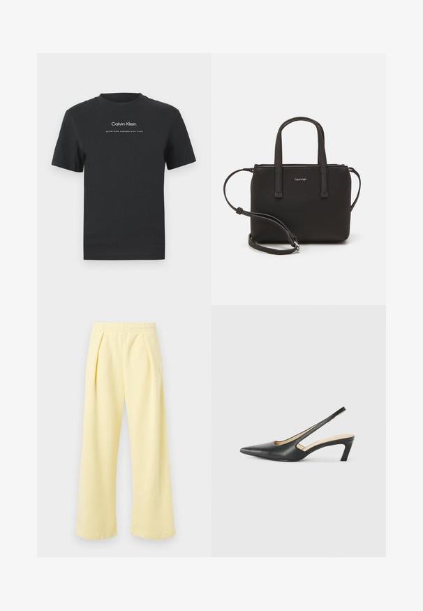 Schwarzes Baumwoll-T-Shirt mit Rundhalsausschnitt, kurzen Ärmeln und weißem Druck des "Calvin Klein" Logos sowie dem Text "Established 1968".; Gelbe, weit geschnittene Hose mit einer gerippten Textur und einem elastischen Bund. Sie verfügt über vordere Falten und ein kleines gesticktes Design an der Seite.; Schwarzer spitz zulaufender Slingback-Schuh mit niedrigem Absatz, der aus glattem Leder gefertigt ist und seitliche Ausschnitte für Atmungsaktivität aufweist.; Schwarze Handtasche mit zwei kurzen, doppelt geflochtenen Griffen und einem abnehmbaren Schulterriemen. Glattes, lederähnliches Material mit einem Reißverschluss und Logodetail.