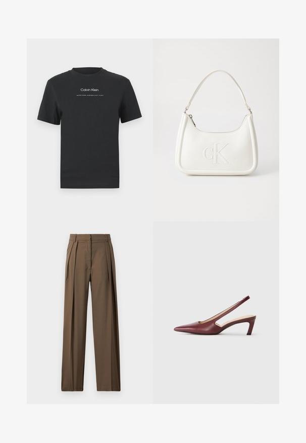 Fekete pamut póló kerek nyakkivágással, rövid ujjakkal, fehér nyomott "Calvin Klein" logóval és "Established 1968" felirattal.; Barna, széles lábú nadrág sima anyagból, elöl redőkkel és szabott derekú megjelenéssel, ami egy strukturált hatást kölcsönöz.; Burgundy színű, hegyes orrú, oldalán kivágott részletekkel rendelkező slingback sarkú cipők, közepes magasságú tömbsarkúval. Sima bőrfelület.; Fehér bőrtáska ívelt formájú, elöl feltűnő "CK" logóval, egyetlen vállpánttal. Cipzáras zárás a tetején.