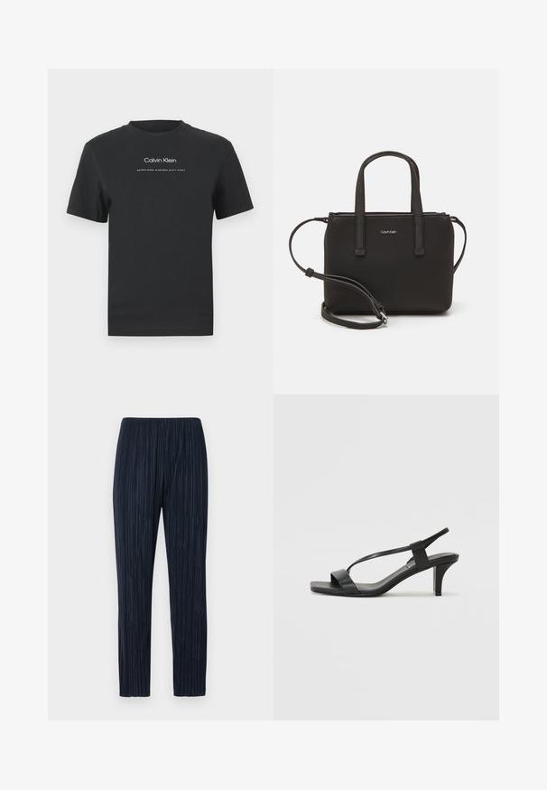 Čierne bavlnené tričko s okrúhlym výstrihom, kratkými rukávmi a bielou potlačou loga "Calvin Klein" a textu "Established 1968".; Námornícke plisované nohavice s elastickým pásom, vyrobené z textúrovanej látky, majú rovný strih a jemné vertikálne pruhy po celom povrchu.; Čierne sandále na podpätku so štíhlym dizajnom popruhov, štvorcovou špičkou a stredne vysokým blokovým podpätkom. Vyrobené z hladkej kože s matným povrchom.; Čierna kabelka s dvojitými krátkymi rúčkami a odnímateľným ramenným popruhom. Hladký materiál podobný koži s uzatváraním na zips a detailom loga.