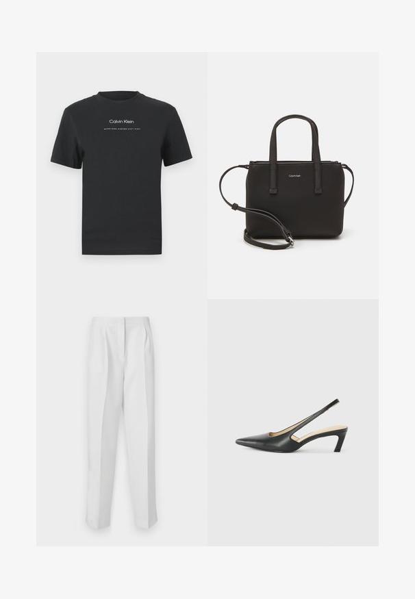Crna pamučna majica s okruglim izrezom, kratkim rukavima i bijelim otisnutim logotipom "Calvin Klein" te tekstom "Osnovano 1968."; Bijele krojene hlače ravnog kroja, s preklopima sprijeda, dva bočna džepa i urednim pojasom za sofisticiran izgled.; Crne cipele s izduženim vrhom i remenom oko pete, s niskom petom, izrađene od glatke kože i s izrezbarenom stranom radi prozračnosti.; Crna torba s dva kratka ručka i uklonjivom naramenicom. Glatki materijal nalik koži s zatvaračem na zatvaranje i detaljem s logom.