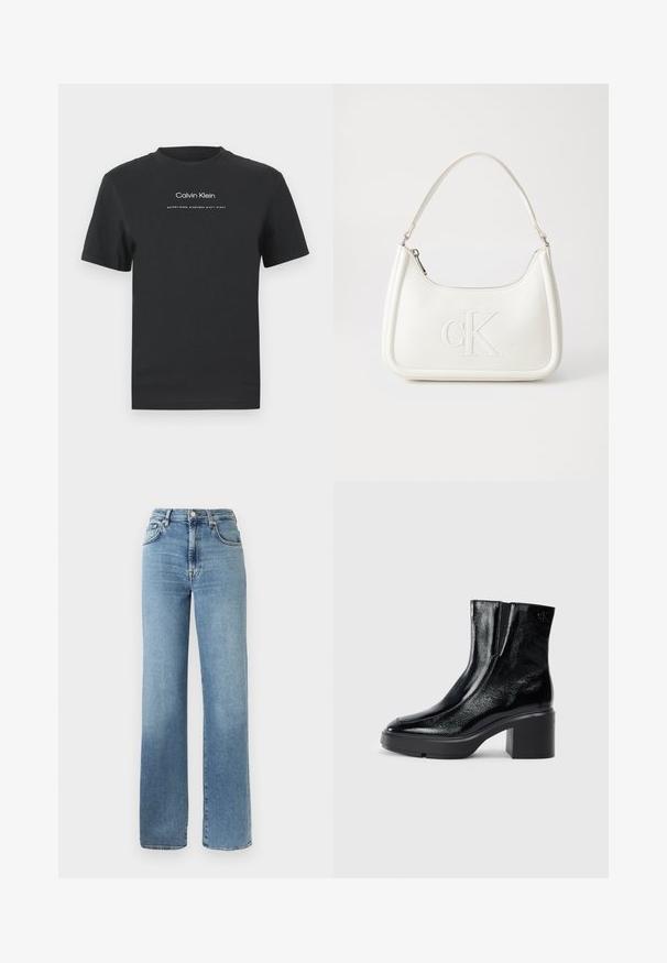 Camiseta de algodón negra con cuello redondo, mangas cortas y logo impreso en blanco de "Calvin Klein" junto con el texto "Establecido en 1968".; Vaqueros de mezclilla azul claro con cintura alta, piernas anchas, cinco bolsillos y cierre clásico de botón. Textura suave con un desvanecido sutil.; Botas de tobillo de charol negro con puntera curva, paneles laterales elásticos y un tacón ancho. Presentan un logo embosado en la parte posterior.; Bolso de mano de cuero blanco con forma curvada, con un logo "CK" en relieve en la parte delantera y una sola correa para el hombro. Cierre de cremallera en la parte superior.