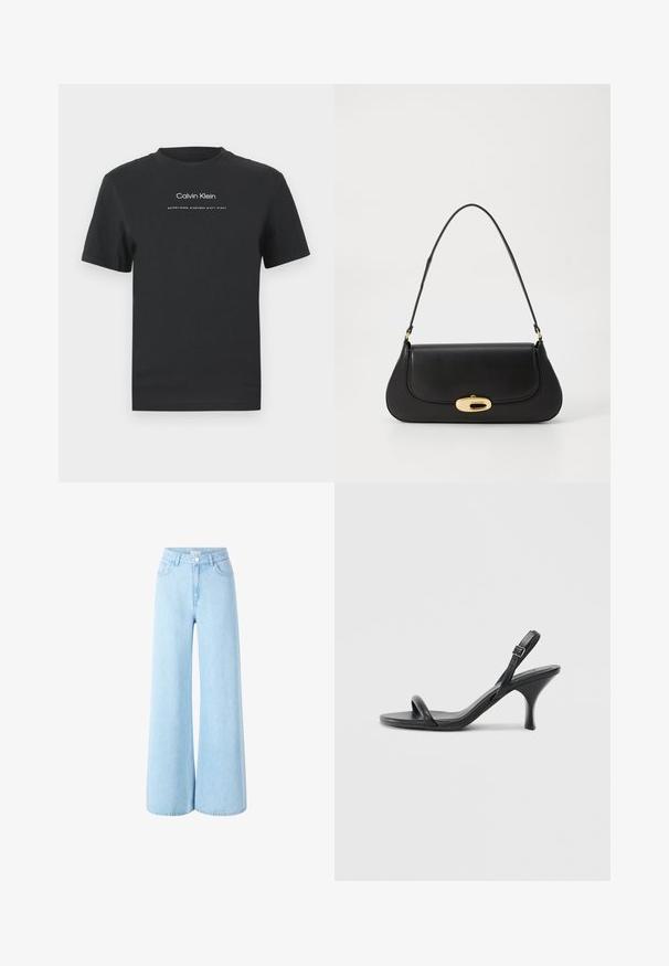 Fekete pamut póló kerek nyakkivágással, rövid ujjakkal, fehér nyomott "Calvin Klein" logóval és "Established 1968" felirattal.; Világoskék, bőszárú farmernadrág magas derékkal, elülső zsebekkel és egyetlen gombos záródással. Simás textúra, egységes mosással.; Fekete bőrből készült, magassarkú szandál, vékony, ívelt sarokkal és keresztben átkötött pántokkal. Állítható bokapánt. Sima felület.; Fekete bőr táska ívelt kialakítással, arany színű fémrészletekkel és felső fogantyúval. Csúszásmentes záródás és sima textúra jellemzi.