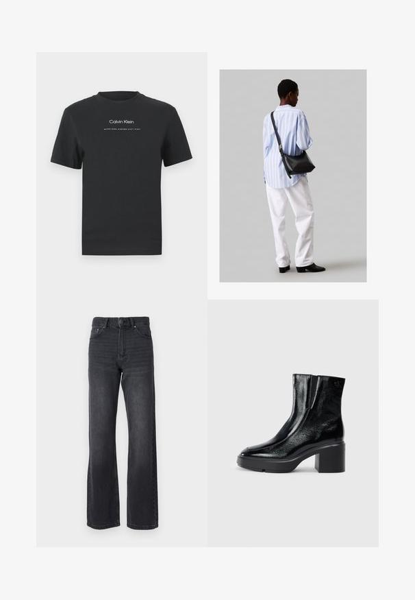 Must musta T-särk, millel on ümmargune kaelus, lühikesed varrukad ja valge trükitud "Calvin Klein" logo ning tekst "Asutatud 1968".; Mustad kõrge vöökohaga mustad teksad sirge jala disainiga, valmistatud denimist. Omab viit taskut ja õrnafadeeringut kangal.; Mustmustest must paeltega särkide, millel on kõver varvas, elastsed külgpaneelid ja jäme plokkpealse. Tagaküljel on reljeefne logo.; Must have mustras alasi nahkpatsi, pehme tekstuuriga, kolmnurkse kujuga ja reguleeritava rihmaga, koos helesinise triibulise särgi ja valgete pükstega.