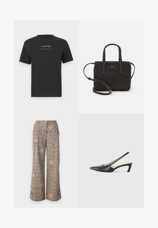 Black cotton T-shirt with a crew neckline, short sleeves, and white printed "Calvin Klein" logo and "Established 1968" text.; Leopard print wide-leg trousers in tan and brown tones with a soft fabric, featuring side pockets and a button closure at the waist.; Black pointy-toed slingback shoe with a low heel, featuring smooth leather material and cut-out design on the side for breathability.; Black handbag with dual short handles and a removable shoulder strap. Smooth leather-like material with a zip closure and logo detail.