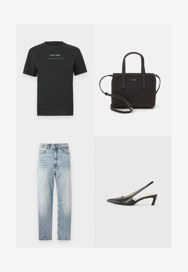 Camiseta de algodón negra con cuello redondo, mangas cortas y logo impreso en blanco de "Calvin Klein" junto con el texto "Establecido en 1968".; Jeans de mezclilla azul claro con corte recto, que presentan un cierre de botón y cremallera, diseño de cinco bolsillos y un ligero desgaste.; Zapato negro de punta afilada tipo slingback con un tacón bajo, que presenta un material de cuero suave y un diseño recortado en el lateral para mayor transpirabilidad.; Bolso de mano negro con dos asas cortas y una correa de hombro removible. Material suave tipo cuero con cierre de cremallera y detalle del logo.