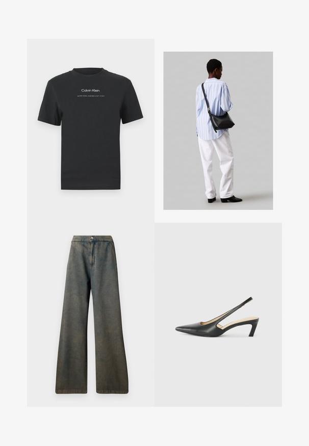 Μαύρη βαμβακερή μπλούζα T-shirt με στρογγυλή λαιμόκοψη, κοντά μανίκια και λευκό εκτυπωμένο λογότυπο "Calvin Klein" καθώς και κείμενο "Established 1968".; Πολυάριθμες παντελόνες από τζιν, με χρώμα ξεθωριασμένο μπλε-γκρι, κουμπί κλεισίματος και ευθείες ραφές. Υφασμάτινη υφή με απαλό γυάλισμα.; Μαύρο παπούτσι slingback με αιχμηρή μύτη και χαμηλό τακούνι, κατασκευασμένο από λείο δέρμα με σχέδιο κοπής στη πλευρά για αερισμό.; Μαύρη δερμάτινη τσάντα ώμου με απαλή υφή, τριγωνικό σχήμα και ρυθμιζόμενο λουρί, συνδυασμένη με ένα ανοιχτό μπλε ριγέ πουκάμισο και λευκό παντελόνι.