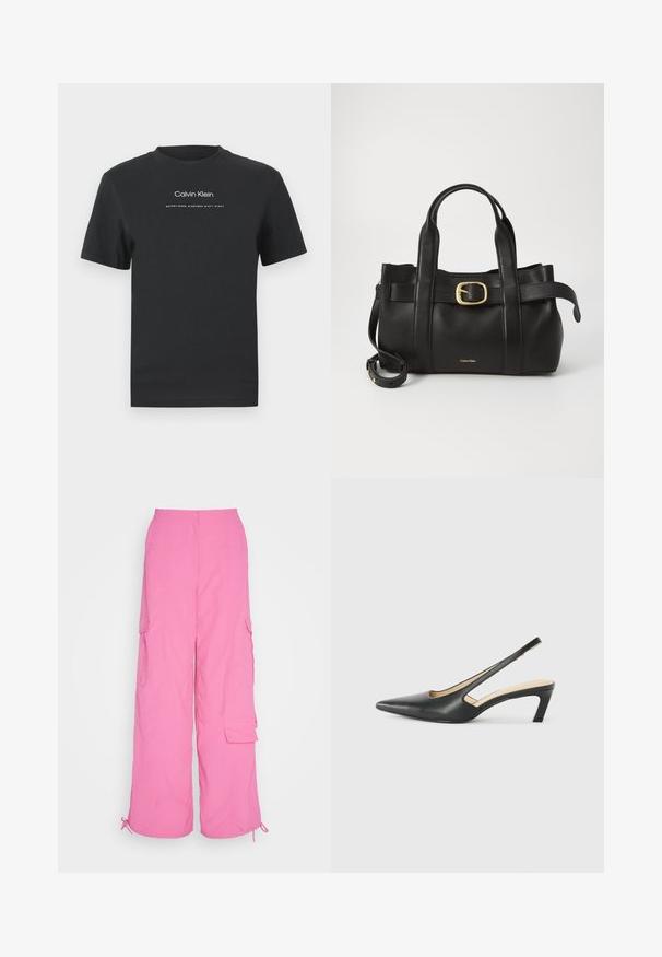 Zwarte katoen T-shirt met een ronde halslijn, korte mouwen en een witte geprinte "Calvin Klein" logo en "Established 1968" tekst.; Roze cargobroek met een wijdbenen ontwerp, knoopsluiting, meerdere zijzakken en verstelbare trekkoorden aan de manchetten, gemaakt van lichtgewicht materiaal.; Zwarte puntige slingback schoen met een lage hak, gemaakt van soepel leer en voorzien van een uitsnede aan de zijkant voor ventilatie.; Zwarte leren handtas met een gestructureerd ontwerp, dubbele handgrepen aan de bovenkant, een gouden gespaccent en een geperst merklogo aan de voorkant.