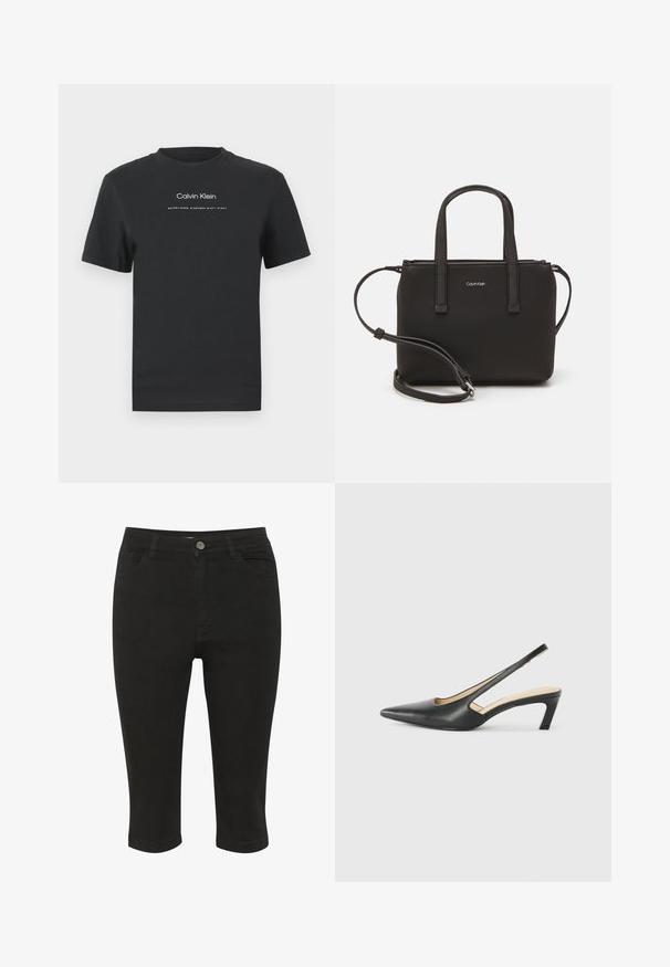 Melna kokvilnas T-kreklā ar apaļu apkakli, īsām piedurknēm un baltu uzdrukātu "Calvin Klein" logotipu un tekstu "Izveidots 1968".; Melnas džinsu capri bikses ar pieguļošu dizainu, priekšējām kabatām un vienu pogu aizdari, ar gludu struktūru un potītes garumu.; Melna, ar smailu purngalu, slingback kurpe ar zemu papēdi, izgatavota no gludas ādas materiāla un ar izgriezumiem sānos gaisa caurlaidībai.; Melns roku soma ar divām īsām rokturiem un noņemamu plecu siksnu. Gluda ādas līdzīga materiāla ar rāvējslēdzēja aizdari un logos detaļu.